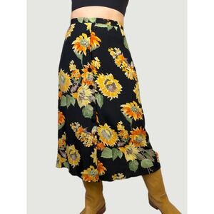 Carole Little Vintage Sunflower Button Front Midi Skirt Black Floral Print 90s S